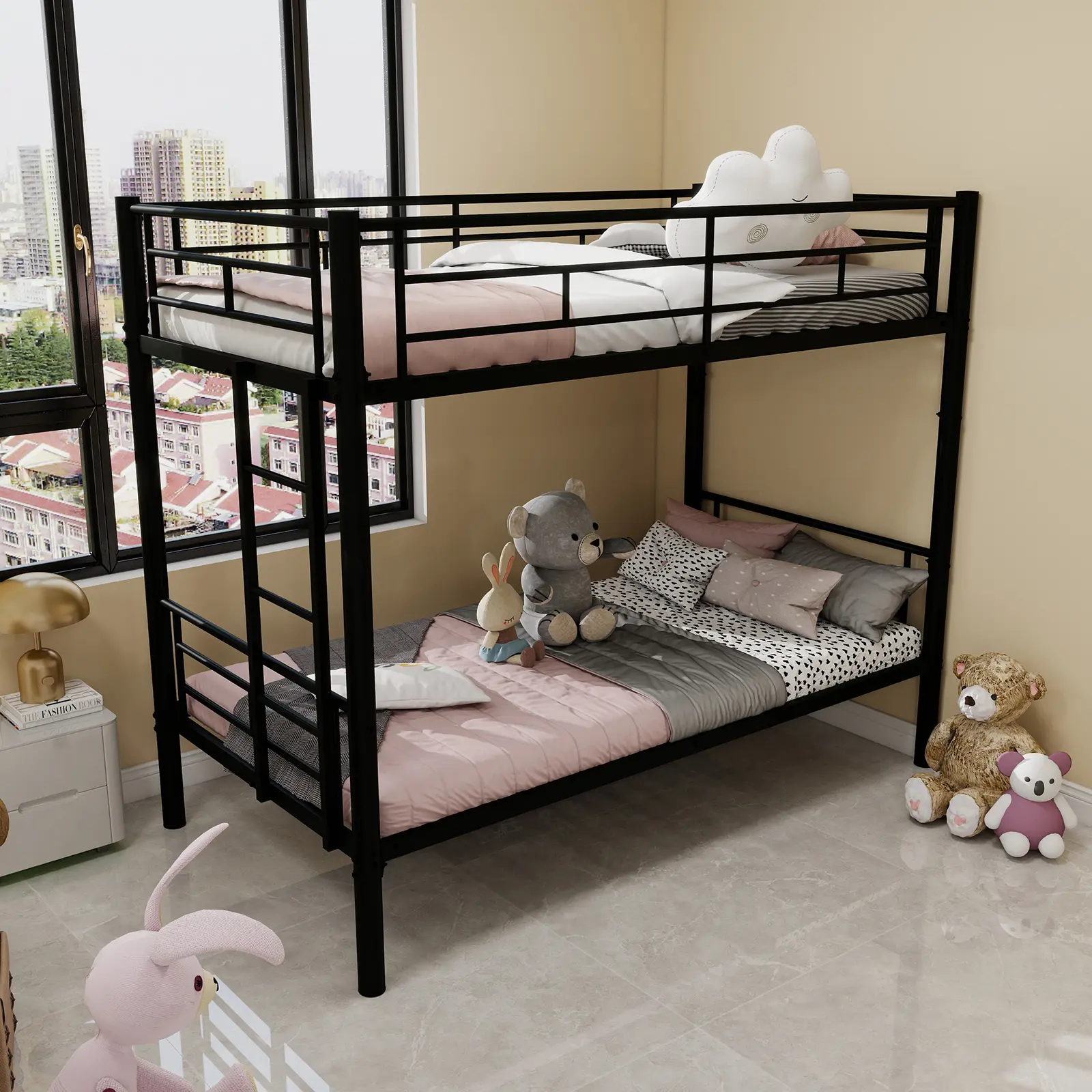 Twin Over Twin Heavy-Duty Detachable Metal Bunk Bed Frame, Bed Frames with Ladder and Full-Length Guardrail, Space-Saving Design, No Box Spring Needed, Easy to Assemble, Black