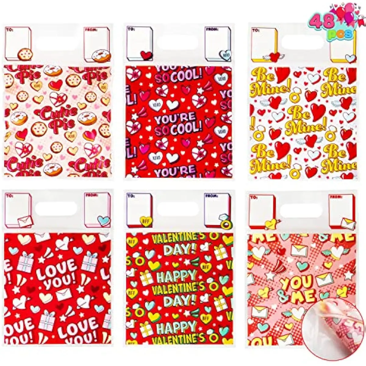 JOYIN 48 Pcs Valentines Day Sealing Gift Bag with Handles, Candy Bag with 6 Designs for Kids Party Favor, Classroom Exchange Prizes, Valentines Goodie Bags