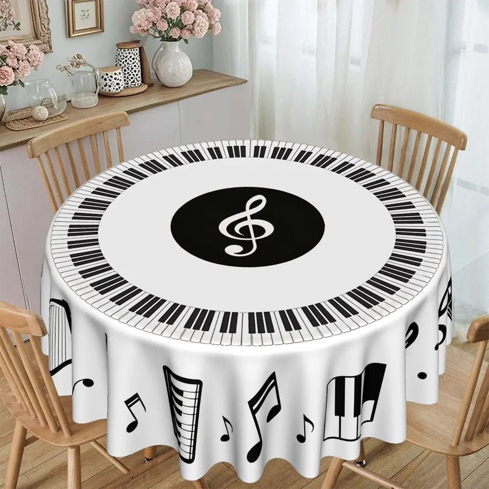 2D Flat Music Instrument Print Round Tablecloth, Furniture Protector, Party Decor for Casual Gatherings, Holiday Gift, Hotel Restaurant Home Use