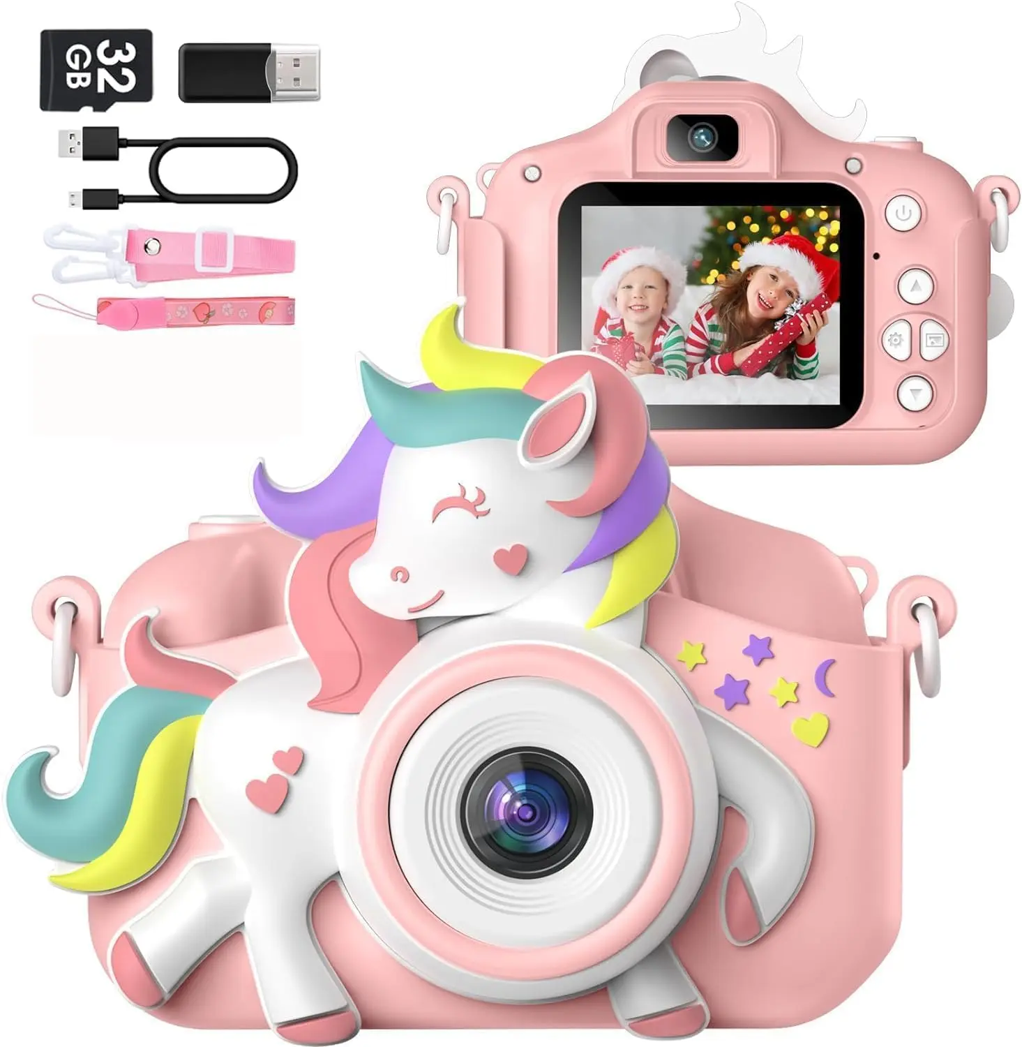 [BackToSchool]1080P HD Kids Digital Camera with 32GB Card,,Christmas Birthday Gifts Toys for Girls Boys Age 3 - 12 Year Old Pink Photobooth Party Digital Kids Camera with SD Card Portable  Perfect Gift for Christmas, Birthday,  toddler gift