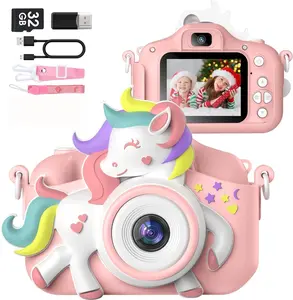 1080P HD Kids Digital Camera with 32GB Card,,Christmas Birthday Gifts Toys for Girls Boys Age 3 - 12 Year Old Pink Photobooth Party Digital Kids Camera with SD Card Portable  Perfect Gift for Christmas, Birthday,  toddler gift