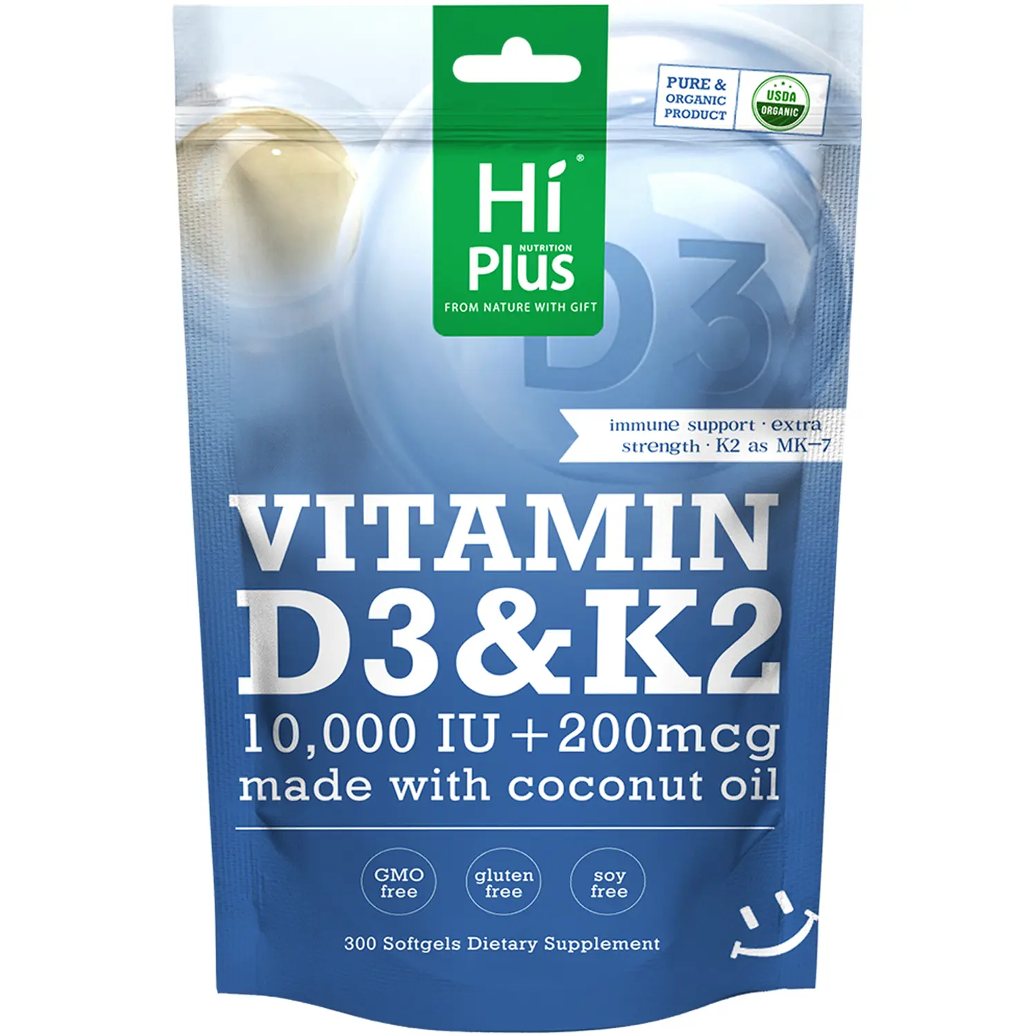 HiPlus Vitamin D3 & K2 | 10,000 IU + 200 mcg, Immune Support & Bone Health, Made with Coconut Oil,300 Softgels Natural Extra Strength