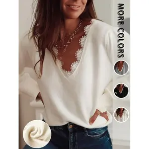 Elegant women’s knit sweater top, V-neck pullover with lace trim, casual fitted style, perfect for fall and winter seasons, elegant classy tops