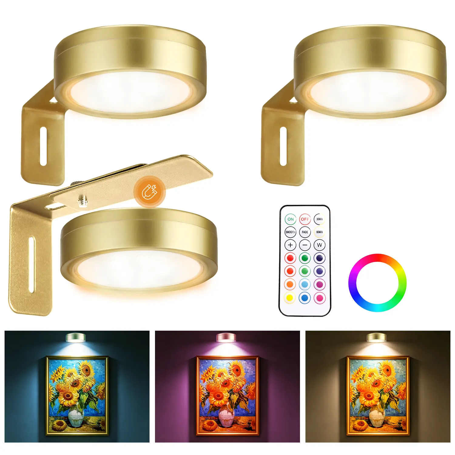 【DealsForYouDays】Picture Lights for Wall Battery Operated, 12 RGB Color Changing LED Wall Art Light, Magnetic Painting Light with Remote Control, Gallery Lights Photo Sconce for Art Display Frame