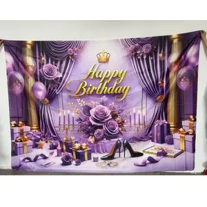 2D flat banner, Party Decoration Banner, 1pc Lavish Purple Themed Birthday Party Decor Set, Happy Birthday Backdrop with Golden Crown, Regal Purple Roses, Gold Gift Boxes, Purple and Gold Balloons, High Heeled Shoes, Golden Candelabras for Adult Cele