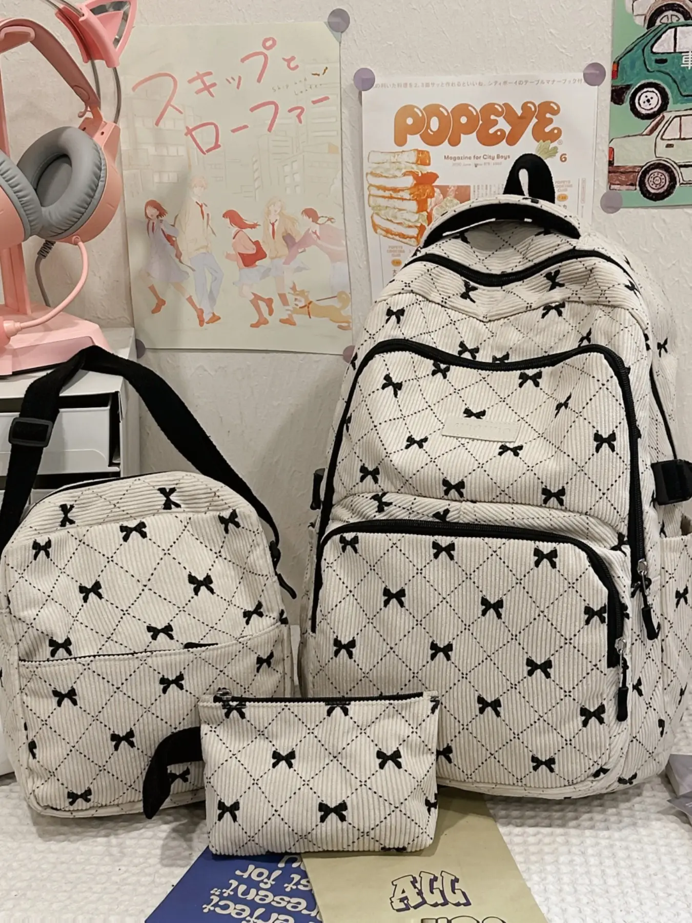 2026 New College Style Cute Bow Corduroy Zip Backpack Shoulder Bag, Versatile Crossbody Small Bag, Multiple Colors Available, Three-Piece Set Backpack Combo, Cute Backpacks