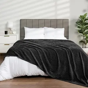 Fleece King Bed Black, Large Fuzzy Plush Flannel, Warm Ribbed Microfiber for Sofa Couch, Lightweight Striped, Black, 108x90