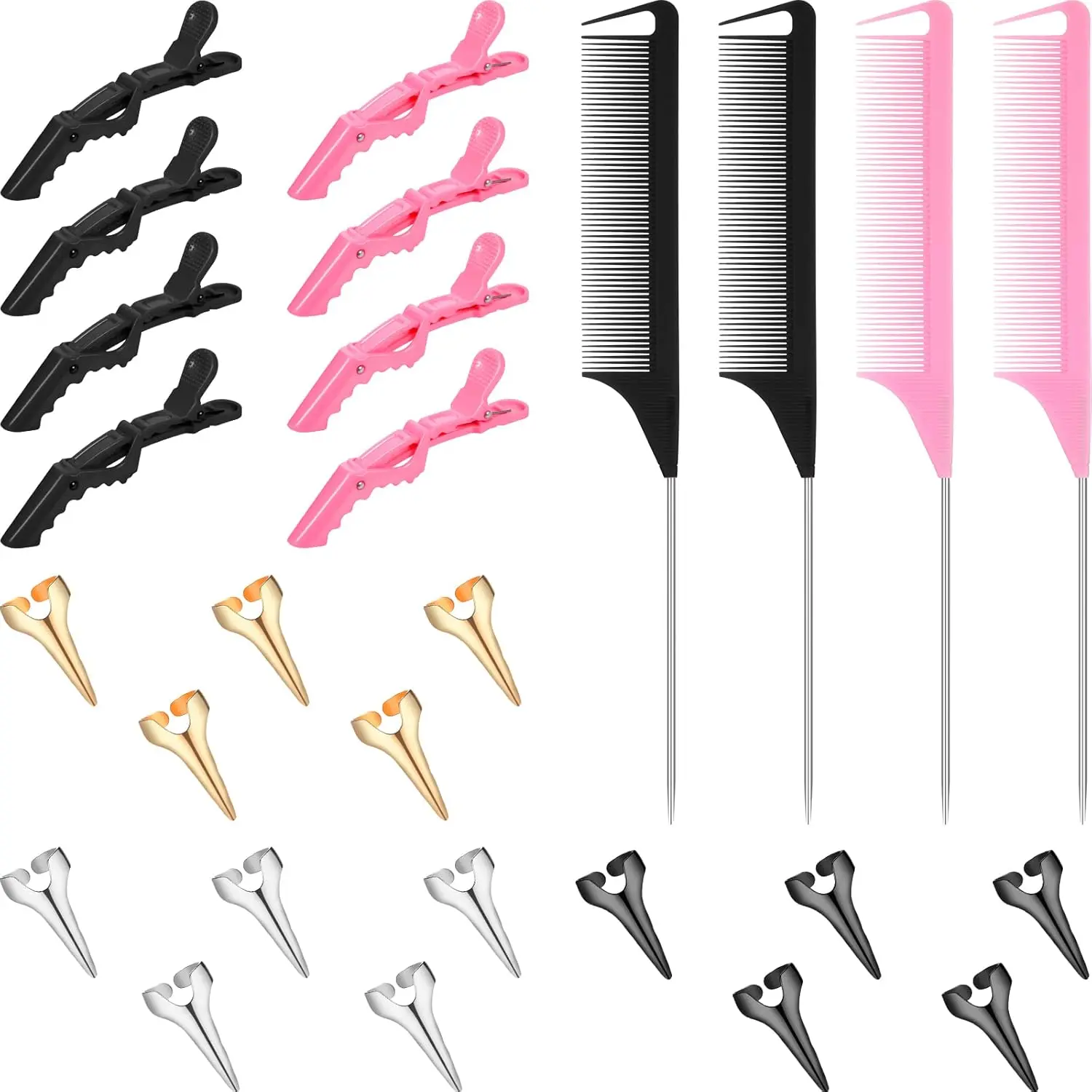 Hair Braiding Tools Kit 27PCS Stitch Braiding Comb Set with Hair Parting Ring Comb Sectioning Clips Finger Hair Braiding Tool for Box Braids Cornrows Twist Styling & Hair Extensions Pink & Black