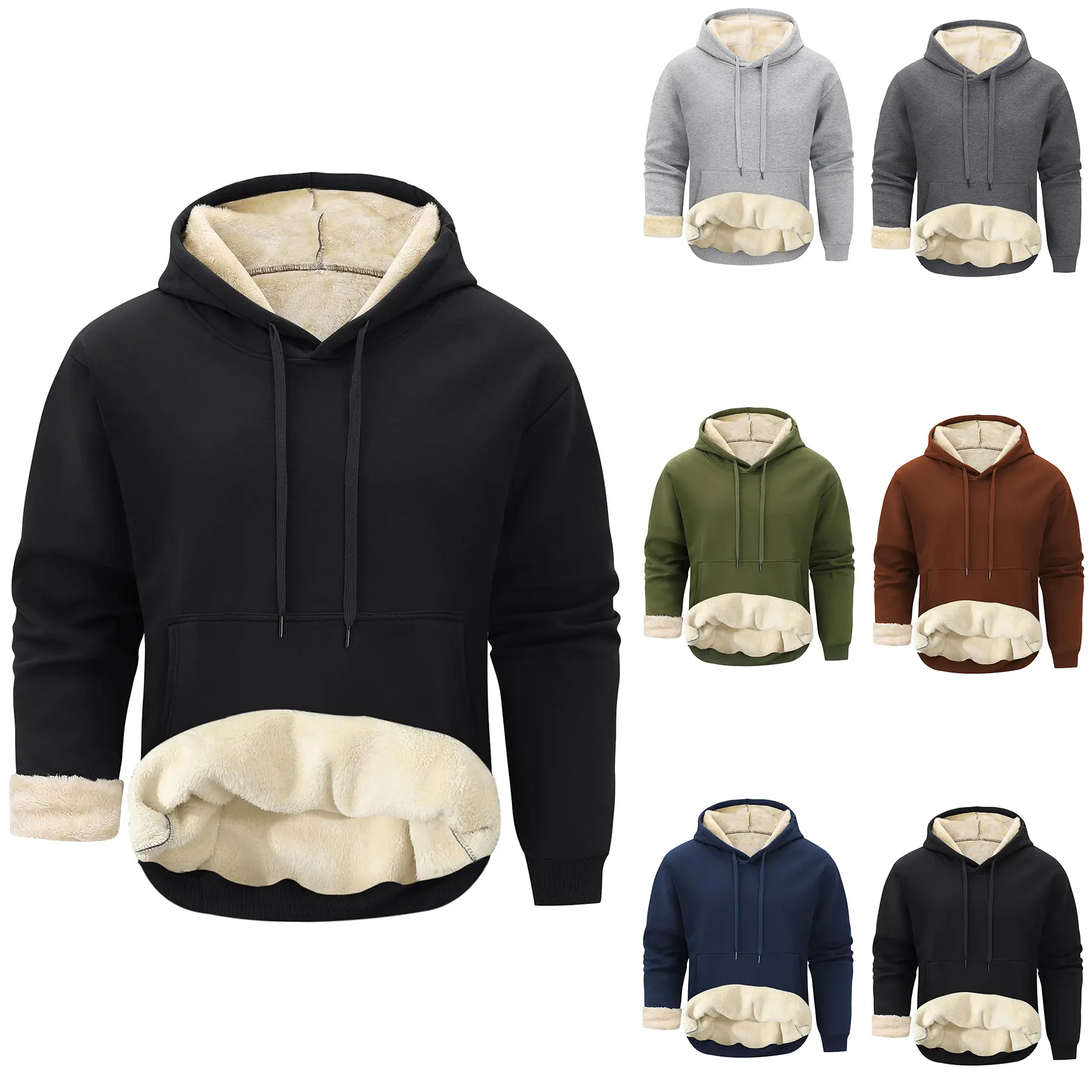 Gihuo Men's Hooded Sweatshirt with Lambskin Lining Wool Pullover Warm Fleece Jacket Classic Round Neck Comfortable Design High Quality Craftsmanship
