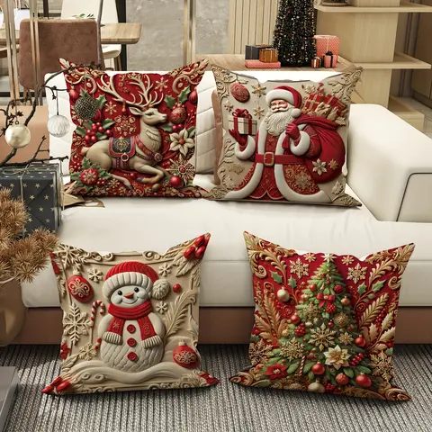 4-piece theme decoration single-sided cushion cover, reindeer and Santa Claus Christmas vitality design, machine washable, modern living room sofa decoration, excluding pillow core
