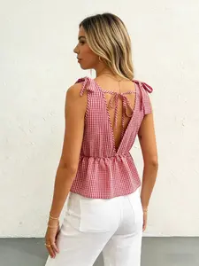 French Coquette Red Gingham Tie Shoulder V-Neck Backless Peplum Top Vintage Y2K Red Gingham Tie Shoulder V-Neck Backless Smocked Crop Top Effortless Chic Feminine Red Gingham Tie Shoulder V-Neck Backless Ruffle Vacation Cami Top