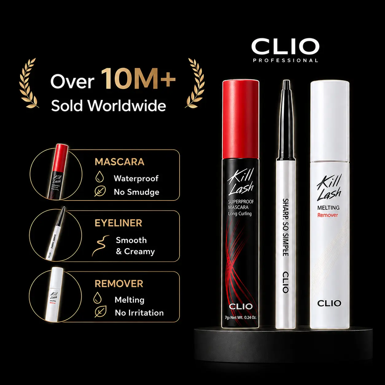 [CLIO Official Shop] CLIO Best-Selling Stay Sharp Eye Makeup Set | Kill Lash Mascara, Remover, Eyeliner | Defined, Clean, and Long-lasting | Waterproof & Smudgeproof | Exclusive Cosmetic Bundle