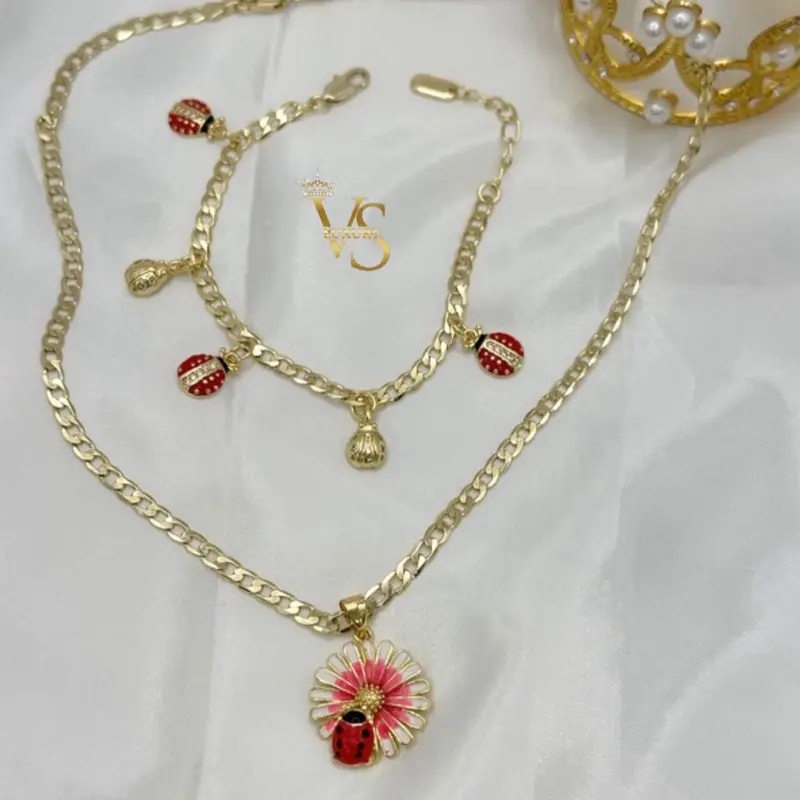 Valdes Luxury Girls Ladybug Set | 14K Gold Plated Layered | Necklace & Bracelet | Kids Jewelry