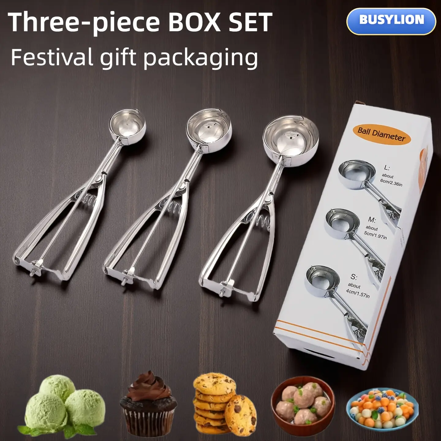 Set of three cookie spoons and dessert spoons (gift box), featuring small, medium, and large baking spoons, cookie dough spoons, and ice cream spoons. Suitable for making cookies, cupcakes, melon balls, meatballs, and ice cream. Sleek Scoop