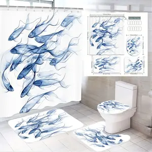 4pcs Nautical Elegance Blue & Fish Bathroom Decor Set, Stylish Shower Curtain + Toilet Seat Cover + Bath Mats, The floor mat fabric is thicker and softer! Perfect for Coastal Theme Refresh