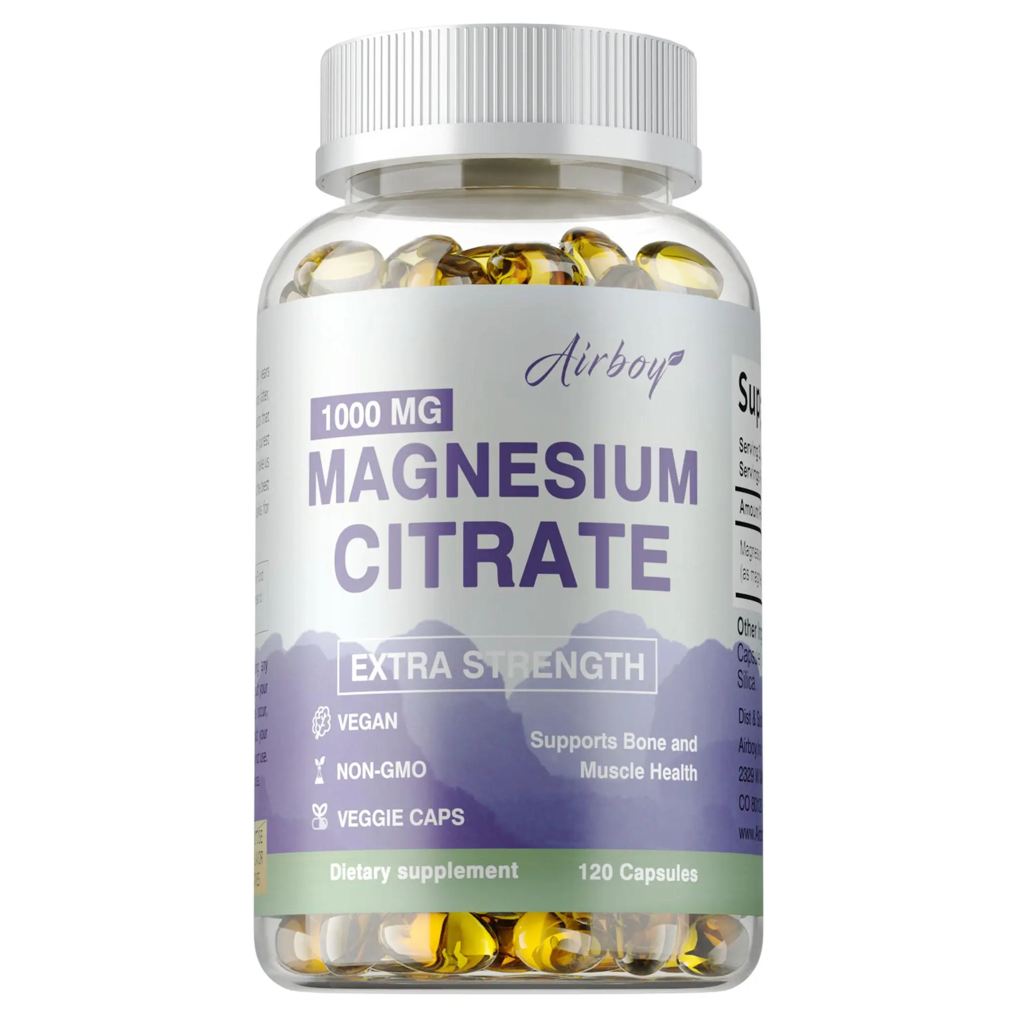 Airboy Dietary Supplement — Magnesium Citrate 1000mg — High-Absorption Magnesium Powder Capsules, High-Absorption Citrate Complex, 120 Capsules.