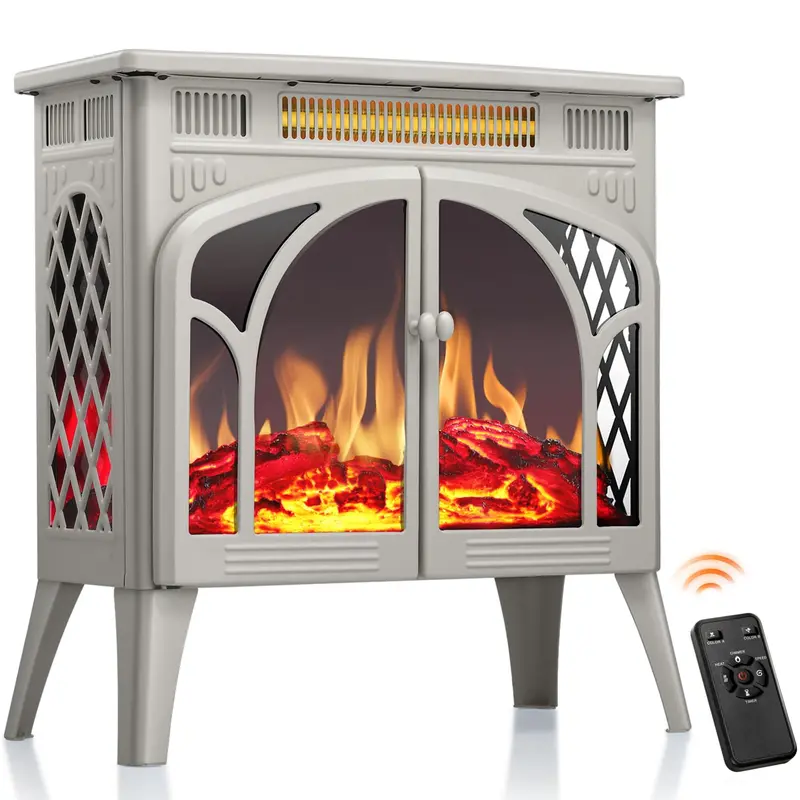 R.W.FLAME 25" Cathedral Style Electric Fireplace Heater with Remote, 12-color Flames, 12 Fire Bed Colors, Multiple Flame Effects, 37db Quiet Heat, Adjustable Brightness, Adjustable Heating Temperature, Overheating Safety Design, Remote from Bed