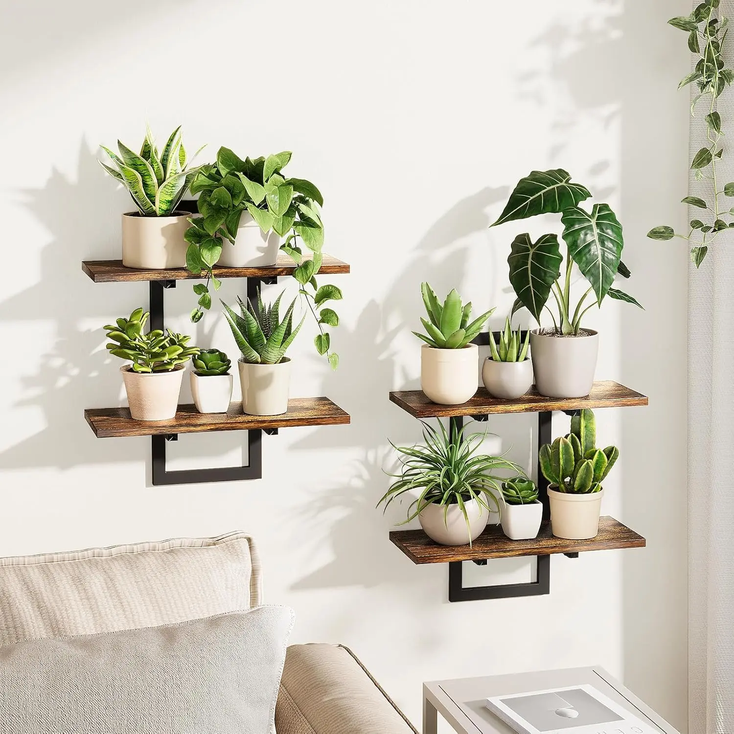 Bamworld 2-Pack Brown Wooden Wall Planters - Hanging Mount Shelves, Indoor Plant Holder, Living Room Wall Decor, Unique Accent, Wooden Wall Rack, Wall Mount Design