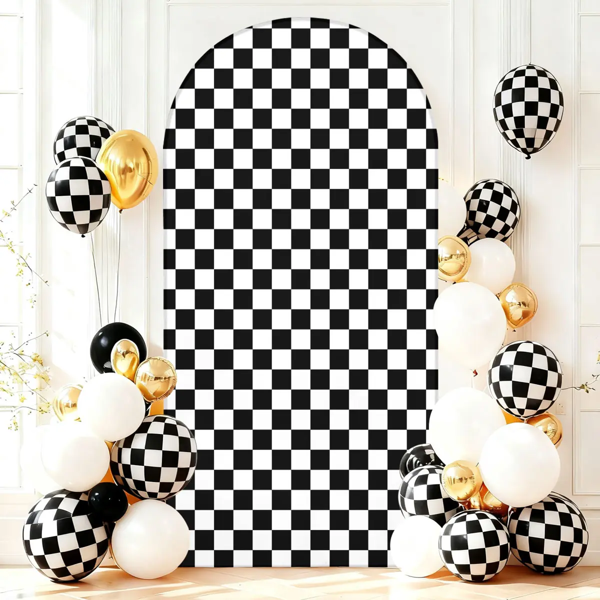 Stretchy Round Spandex Fitted Backdrop Arch Cover Set - 6FT/6.6FT/7.2FT Polyester, Coupon Included, Balloon-Compatible, Wrinkle-Resistant Retro Black & White Checkered Banner for Toddler Parties, Birthdays (Arch Support Not Included)