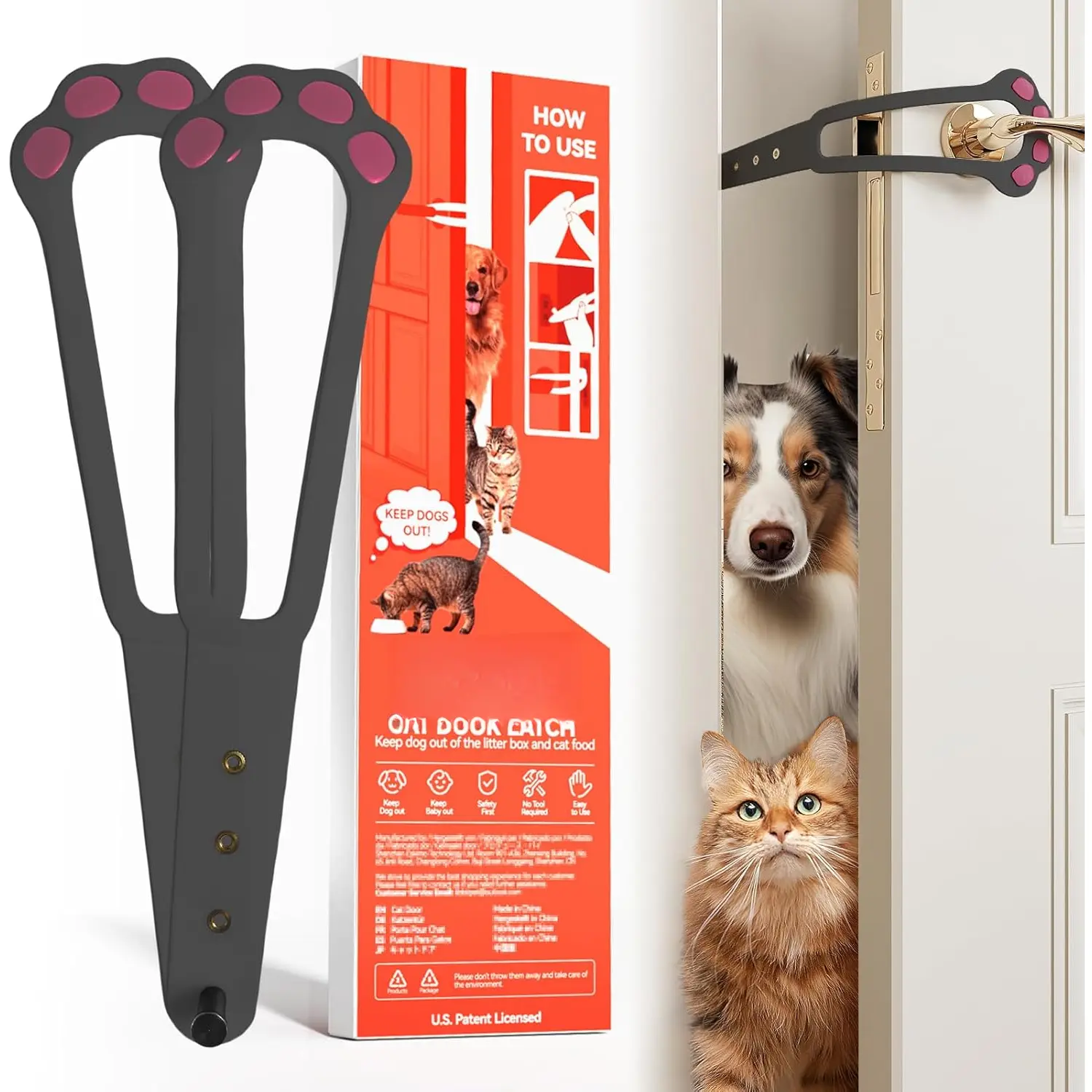 Door Latch, 2 count  Door Stopper Pet Door Latch to Keep  Out of Litter Box and , Door Prop for  with 4 Adjustable Size Strap 2.2-5" Wide, No Measuring, Easy to Install, Grey