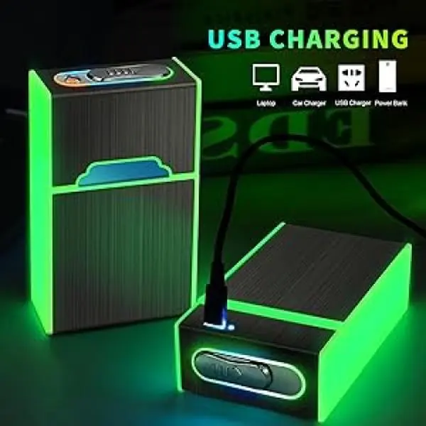 Portable Unisex Modern Compact Luminous Cigarette Case with USB Rechargeable Lighter - 20pc Capacity, Odor-Proof, Moisture-Proof Night Light, USB-Powered Ignition, Durable Stylish Gift for Nighttime Use, Outdoor Camping Hiking