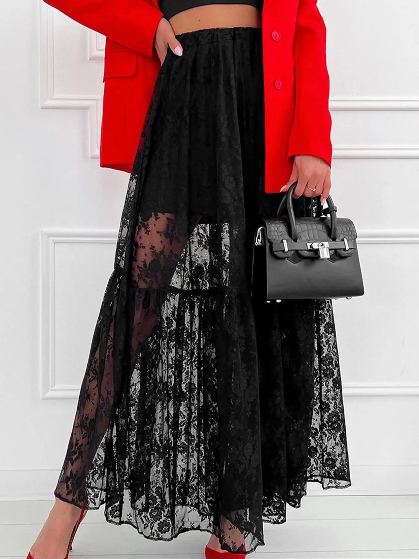 Women's High Waist Sheer Ruffle Hem Floral Lace Layered Skirt, Elegant Elastic Waist Long Skirt for Party Holiday Wedding Guest, Ladies Bottoms for All Seasons, Ruffled Lace Skirt, Elegant Fashion Skirt, High Waist Skirts