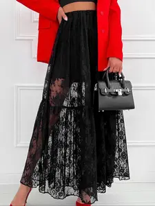 Women's High Waist Sheer Ruffle Hem Floral Lace Layered Skirt, Elegant Elastic Waist Long Skirt for Party Holiday Wedding Guest, Ladies Bottoms for All Seasons, Ruffled Lace Skirt, Elegant Fashion Skirt, High Waist Skirts