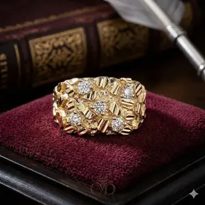 Ins Fashion 14k Gold-Plated Golden Brick Nugget Rings - Chunky Luxury Statement Rings for Wedding Anniversary, Promise Occasions, Gold Rings