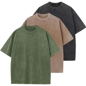 Men's 3-Piece Oversized Loose Fit Soft Round Neck Shortsleeve Acid Washed Cotton T-Shirts - Stylish Unisex Retro Casual Streetwear Garments, Plain Fabric, a23012-black+coffee+military green