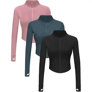 3 Pack Womens Cropped Full Zip up Workout Jacket Slim Fit Running Athletic Gym Yoga Sports Jacket with Thumb Holes Womenswear Coats Tops Pieces Bridal Outerwear