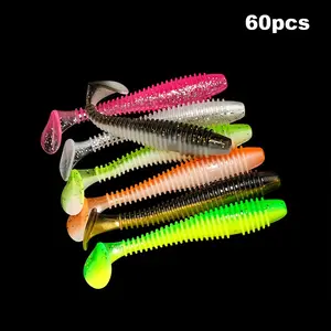 60pcs Soft Plastic Swimbaits Kit, Paddle Tail Fishing Lures Set, T-Tail Soft Worms for Bass Trout, Freshwater Saltwater Tackle, Fishing Accessories, Fishing Gear Set