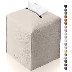 PU Leather Modern Simple Solid Color Square Tissue Box Cover Holder 5"X5"X5" Off-White Ideal for Bathroom Office Car Outdoor Tent Dining Table