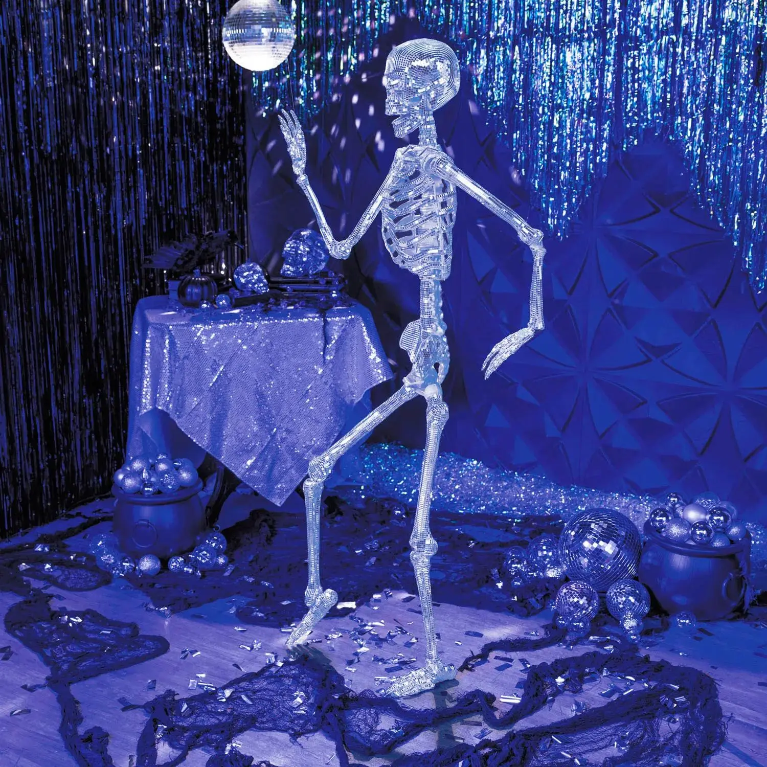 5 Ft. Posable Sparkling Disco Skeleton Halloween Decoration with Disco Tiles, Photo-Worthy Party Festive Decor