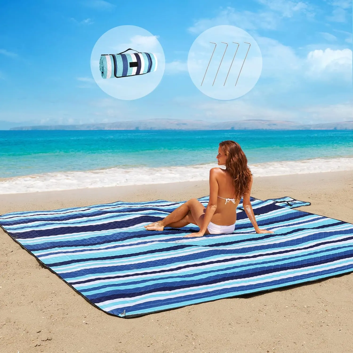 3‑Layer Extra Large Waterproof Sandproof Beach Picnic Blanket, 80"*80" Striped Foldable Outdoor Mat, Machine Washable XL Mat with Fixed Stakes for Camping Park Travel