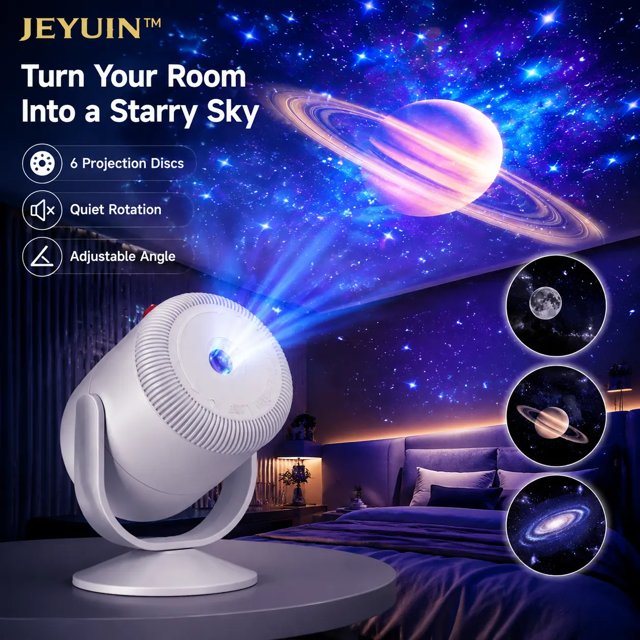 JEYUIN Galaxy Projector Star Projector Night Light, 6 Projection Discs, Rotating Starry Sky Lamp for Bedroom Decor, Ceiling & Wall Projection, Space Galaxy Light for Kids Room, Teen Room, Gifts, 6 Lighting Scenes, 6 Scene Modes