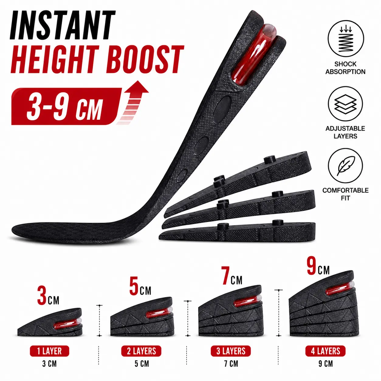 Height Boosting Invisible Shoe Insoles, Adjustable Heel Cushions for Discreet Height Support, Sweat-Absorbent Comfort Foot Pads with Shock Absorption, Cuttable to Fit Most Shoes