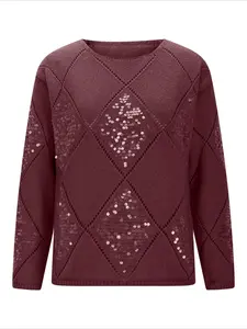 Women's Fashion Hollow Out Sequins Knit Sweater, New Lattice Pullover Loose Jumper, Simple Style, Perfect for Daily Wear