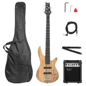 GIB 5 String Electric Bass Guitar Kit Burlywood Body Maple Neck Rosewood Fretboard 20w Amp Kit for Experienced Players