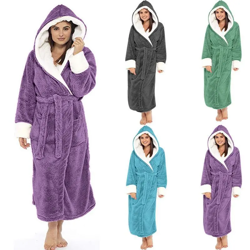Women's Plush Fleece Robe - Full-Length Long-Sleeve Hooded Head Cover Bathrobes & Dressing Gowns, Warm Color Block Loungewear with Large Pockets, Loose Fit, Fleece Fabric Robe for Women