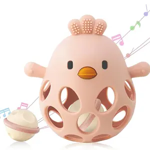 2-in-1 Baby Teething Rattle Toy Sensory Grasping Teether for Infants 3-12 Months 100% Food-Grade Silicone