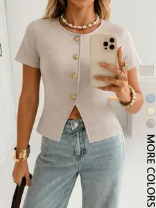 1 Piece Minimalist Casual Crew Neck Short Sleeve Split Hem Crop Top, Versatile Commute Essential