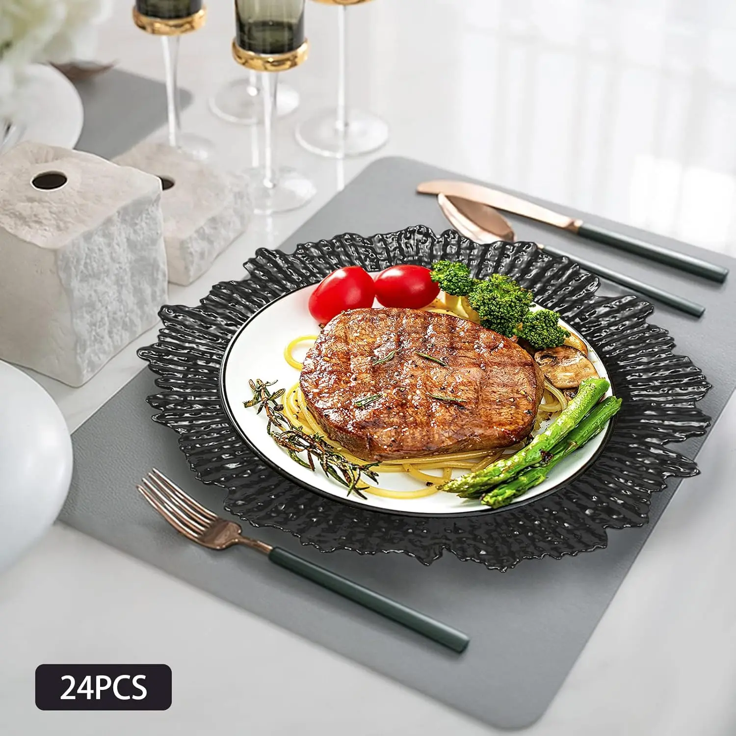 Charger Plates Set, Round Charger Plates, 13'' Reusable Serving Plates Wedding Decorative Chargers Patterned Snack Trays Embossed Dinner Plate for Table Dinner Kitchen Party Decoration (24) Birthday White Silver