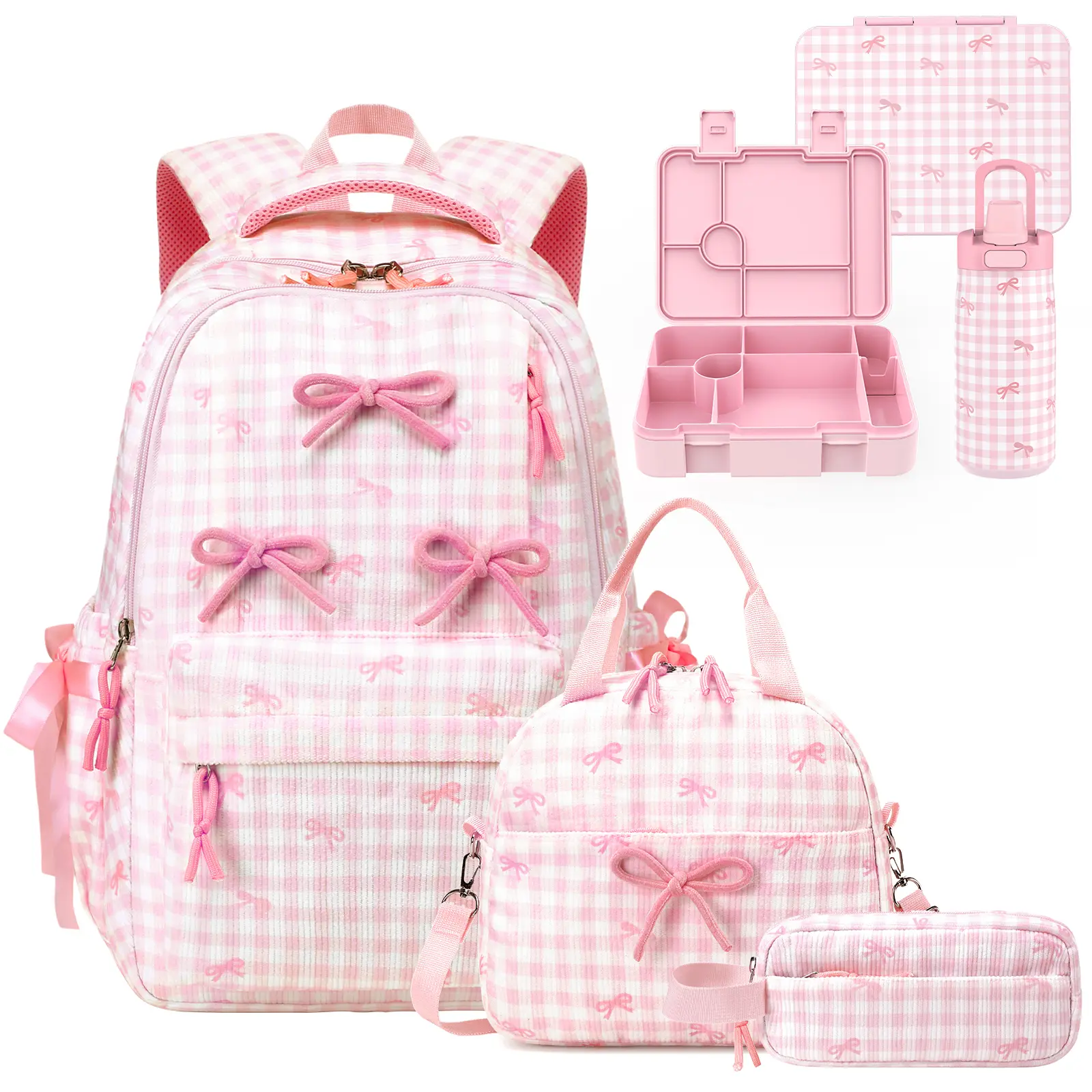 SIMILOVE 5PCS Backpack for School- Corduroy Girls Backpack with Lunch Bag & Pencil Case&Lunch Box&Water Bottle, school bag for Elementary Middle High School,Back to School Gift,Birthday's Gift