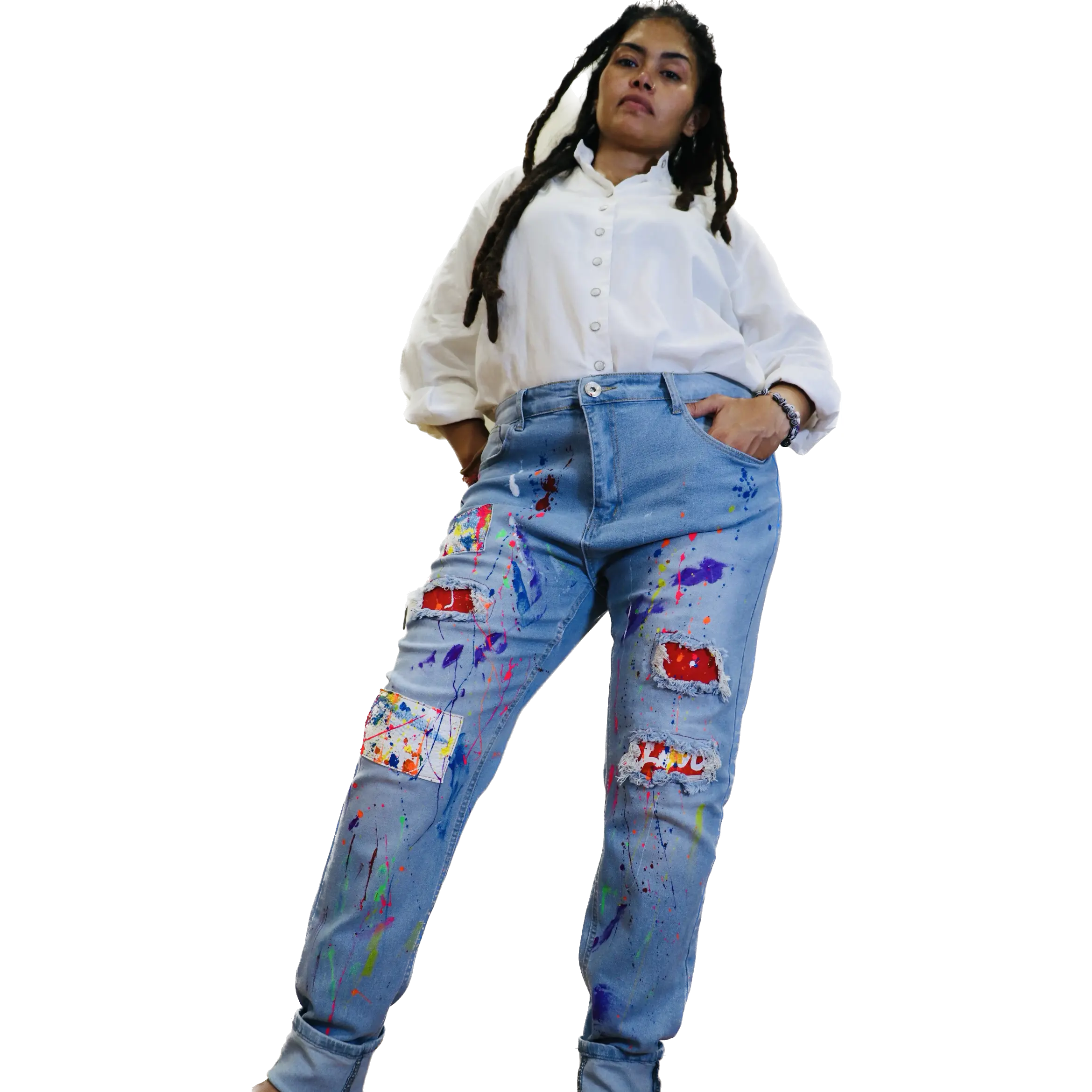 Painted Jeans with leather patches,