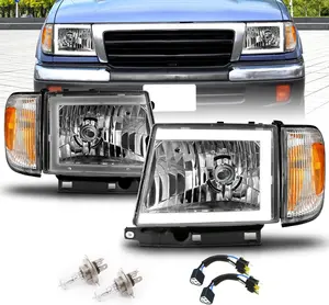 AmeriLite for 1997-2000 Toyota Tacoma 2WD Pickup LED Tube Chrome Reaplcement Headlights + Corner Light Set - Passenger and Driver Side