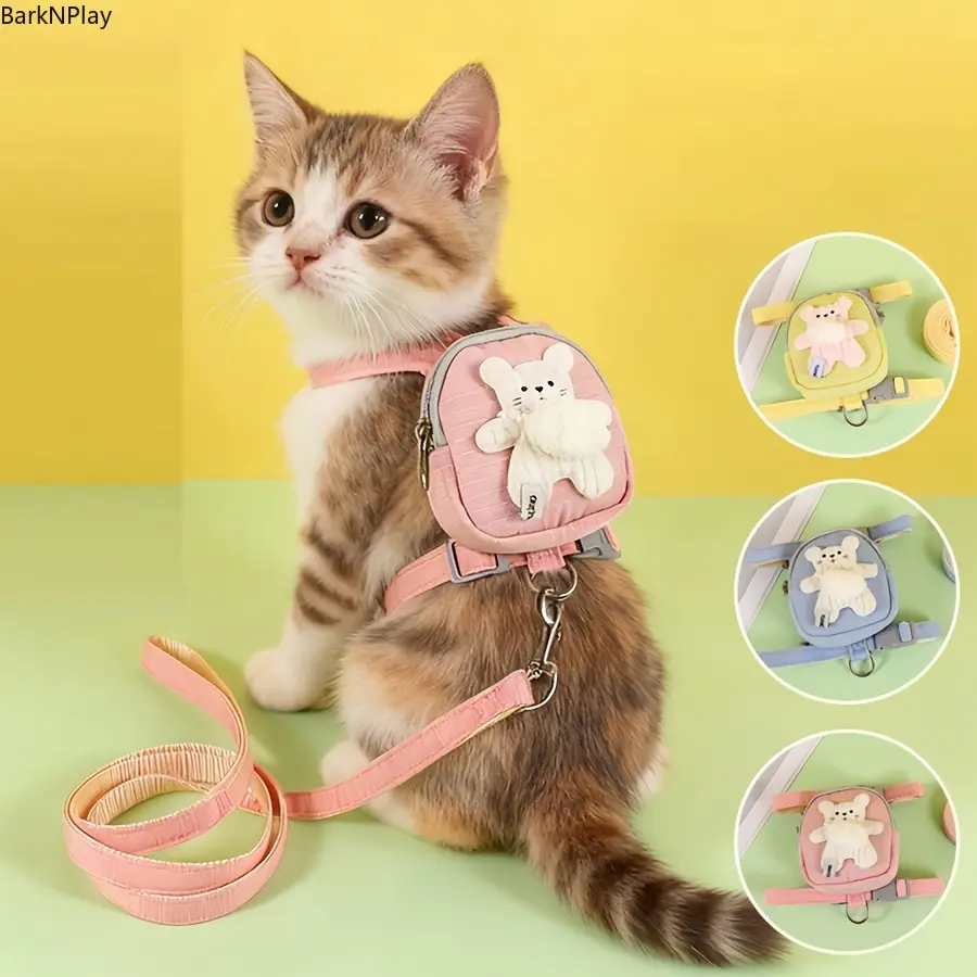 Kitten Harness and Leash Set - I-Shaped Adjustable Plastic Walking Gear for Small Pets, Portable Storage Bag Included