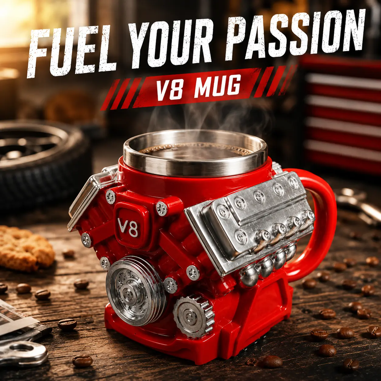 10oz Reusable Stainless Steel V8 Engine Novelty Coffee Mug - Stylish Tea Mug, Mid Year Deal, Practical Father's Day Gift for Car Enthusiast Dads, Summer Sale Deal