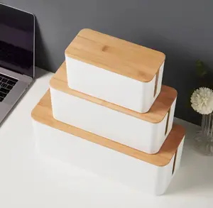 Bamboo Wood Cable Management Box Sleek Smart Wire Organizer for Desk Organization and Storage