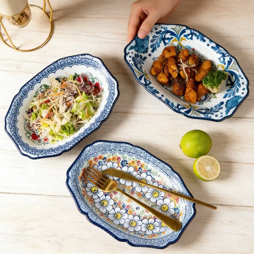 3pcs Blue and Ceramic Fish Plates, Elegant Tableware Set, Dinnerware, Microwave Safe, Dishwasher Safe, Ideal for Desserts, Salads, Pasta, Decorative Plates, Serving Plates