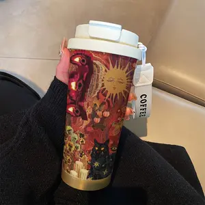Mystical Cat Coffee Cup Set, 530ML Insulated Travel Mug Tumbler with Straw and Lid, Leak-Proof Handle, Suitable for Hot/cold Drinks, Insulation, Portable, Drinkware